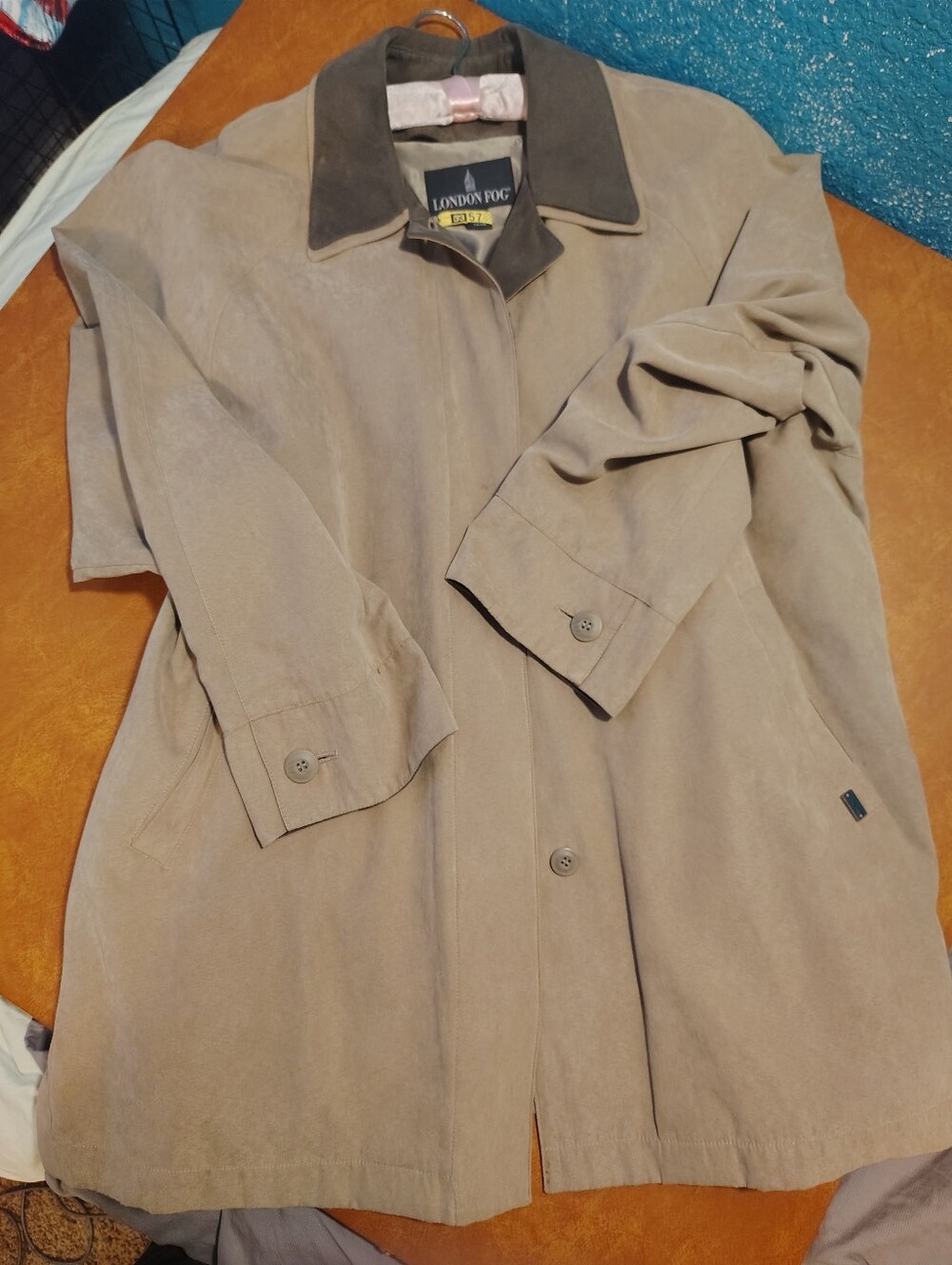 London Fog Taupe Trench Coat with Dark Brown Collar